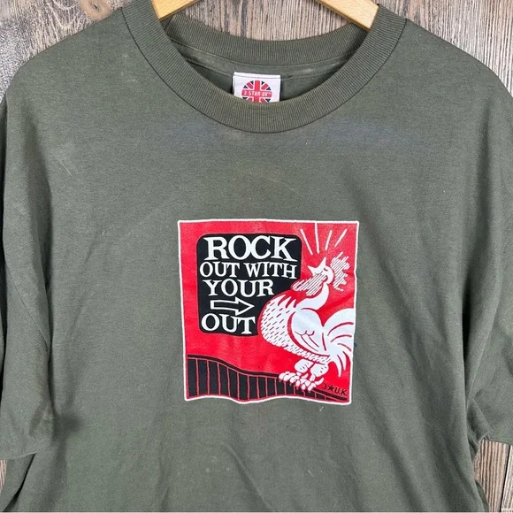 Vintage 3 Star UK Rock Out Funny Tee Chicken Adult Size XL Green - Picture 1 of 8